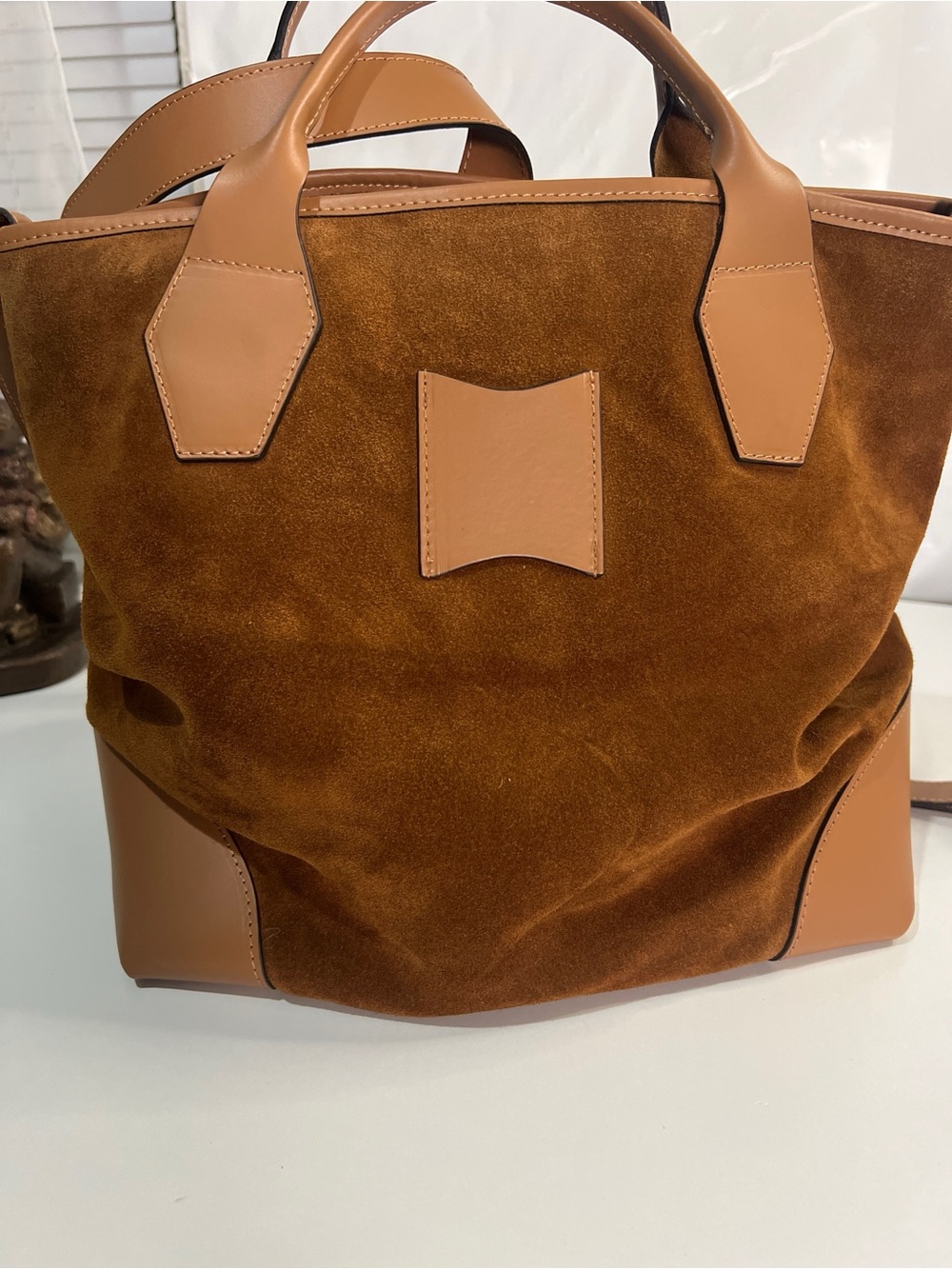Structured Suede Tote in Warm Cognac